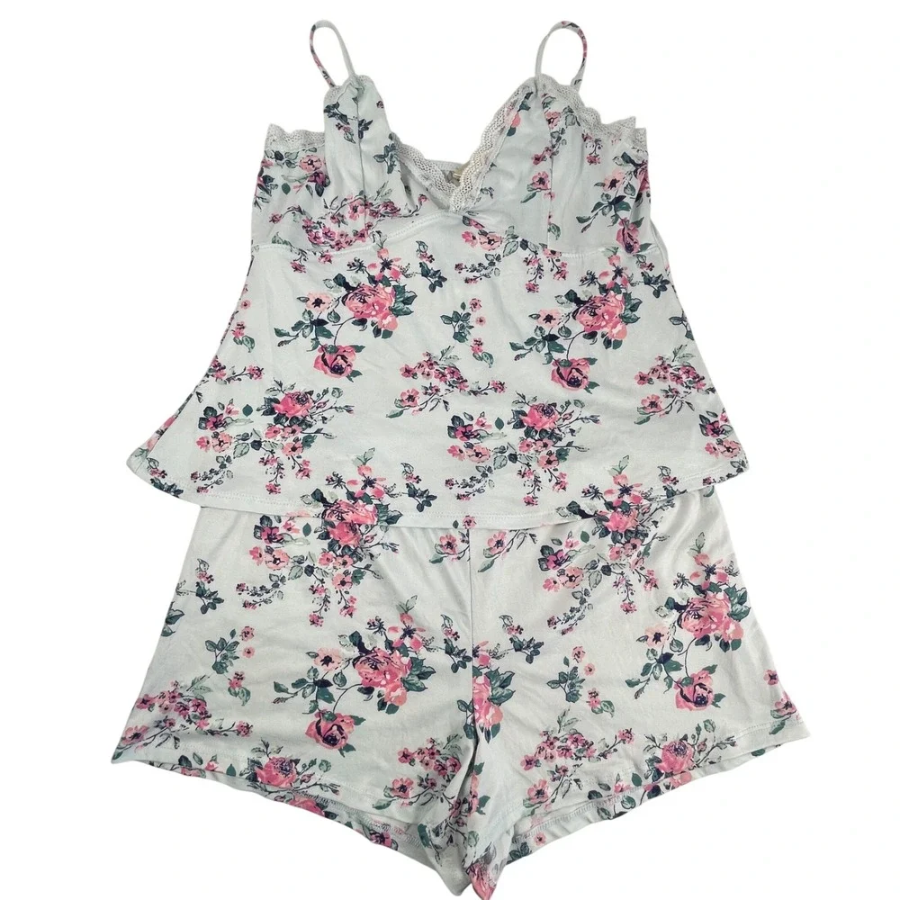 NWT Jessica Simpson Pajama Set Women Size L Blue Floral Cami Shorts Lace Trim